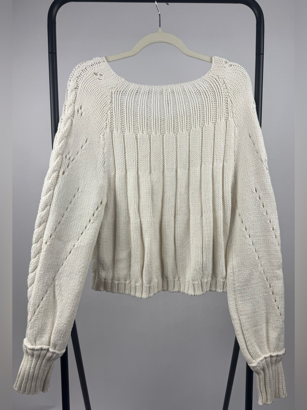 Free People Sandre Knit Pullover Sweater L Ivory Cable Knit Balloon Sleeve - Picture 4 of 7